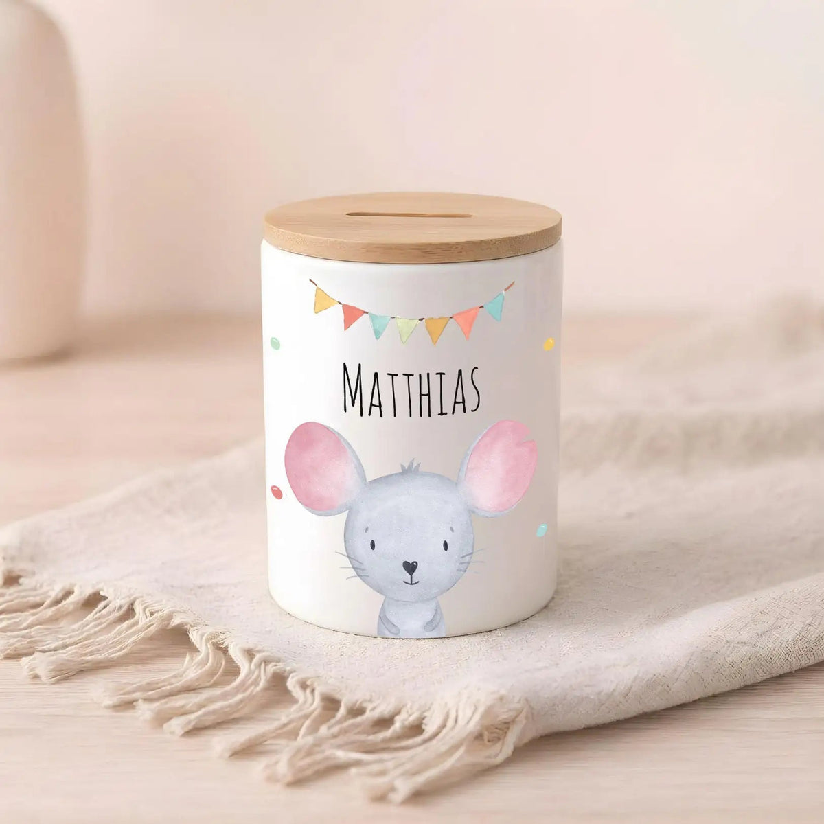 3 in 1 Spardose Keramik personalisiert - Tier Girlande Aquarell - wunderwunsch