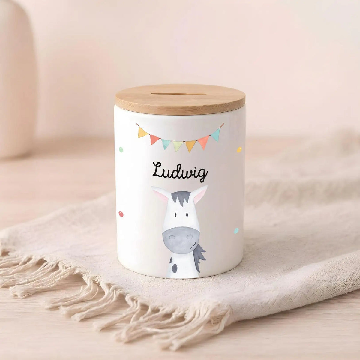 3 in 1 Spardose Keramik personalisiert - Tier Girlande Aquarell - wunderwunsch