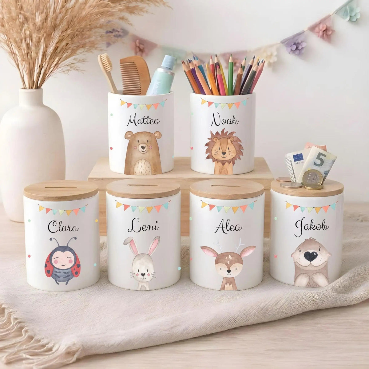 3 in 1 Spardose Keramik personalisiert - Tier Girlande Aquarell - wunderwunsch