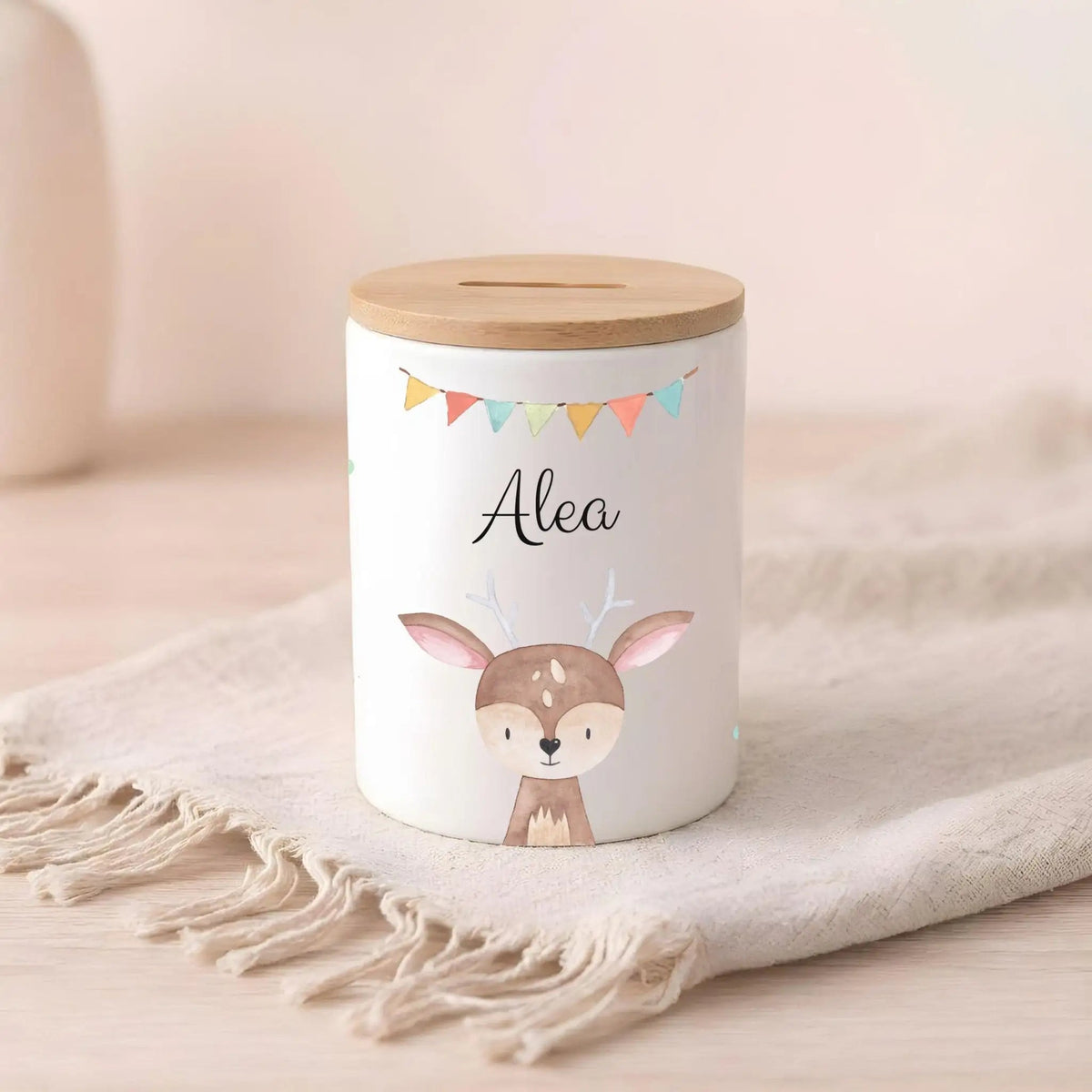 3 in 1 Spardose Keramik personalisiert - Tier Girlande Aquarell - wunderwunsch