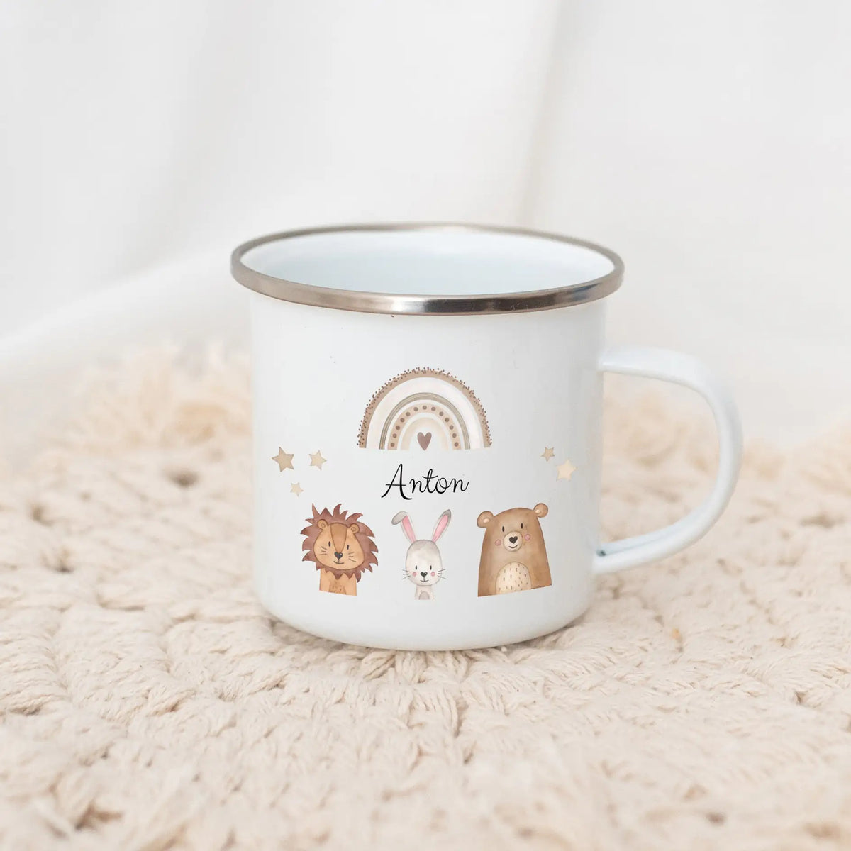 Emaille Kindertasse personalisiert - Tiere Trio Regenbogen Sterne Tasse - wunderwunsch