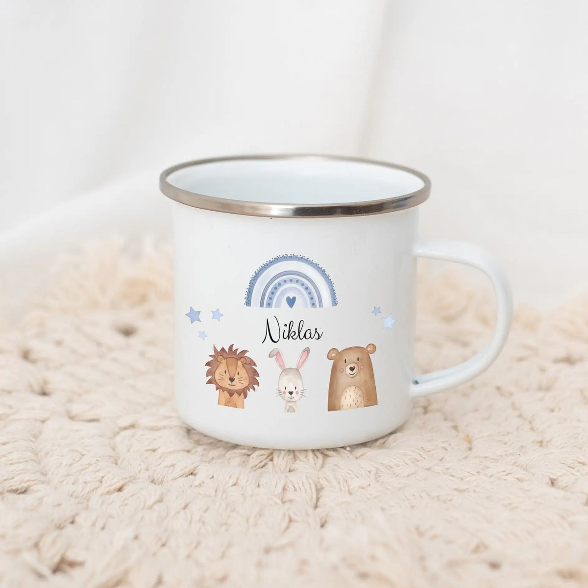 Emaille Kindertasse personalisiert - Tiere Trio Regenbogen Sterne Tasse - wunderwunsch