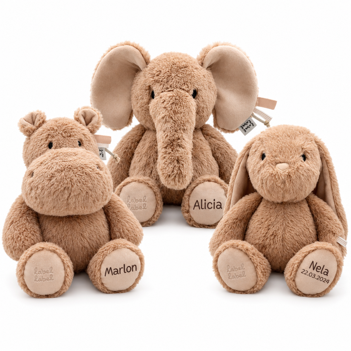 Kuscheltiere nougat - Nilpferd, Hase, Elefant personalisierbar