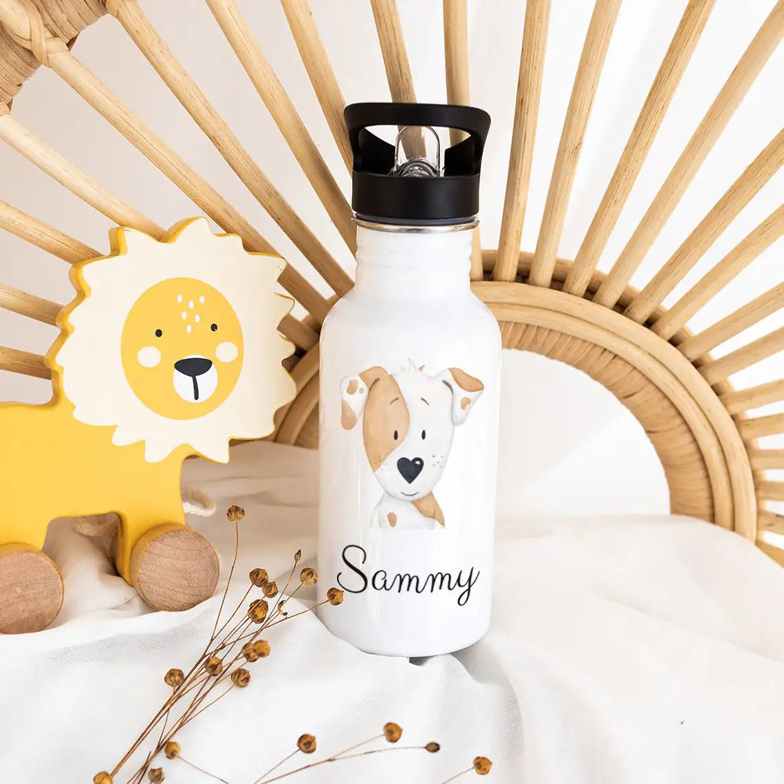 Kinder Trinkflasche weiß mit Trinkhalm personalisiert - Tier Aquarell Trinkflaschen - wunderwunsch