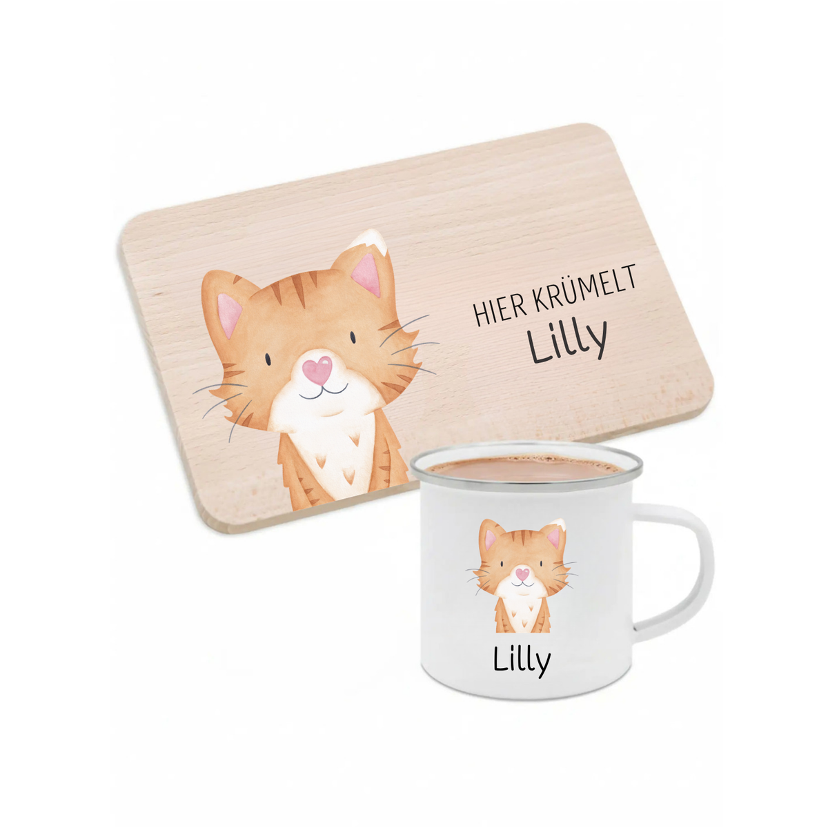 Frühstücks Bundle - Frühstücksbrettchen + Emaille Tasse personalisiert - Tier Aquarell