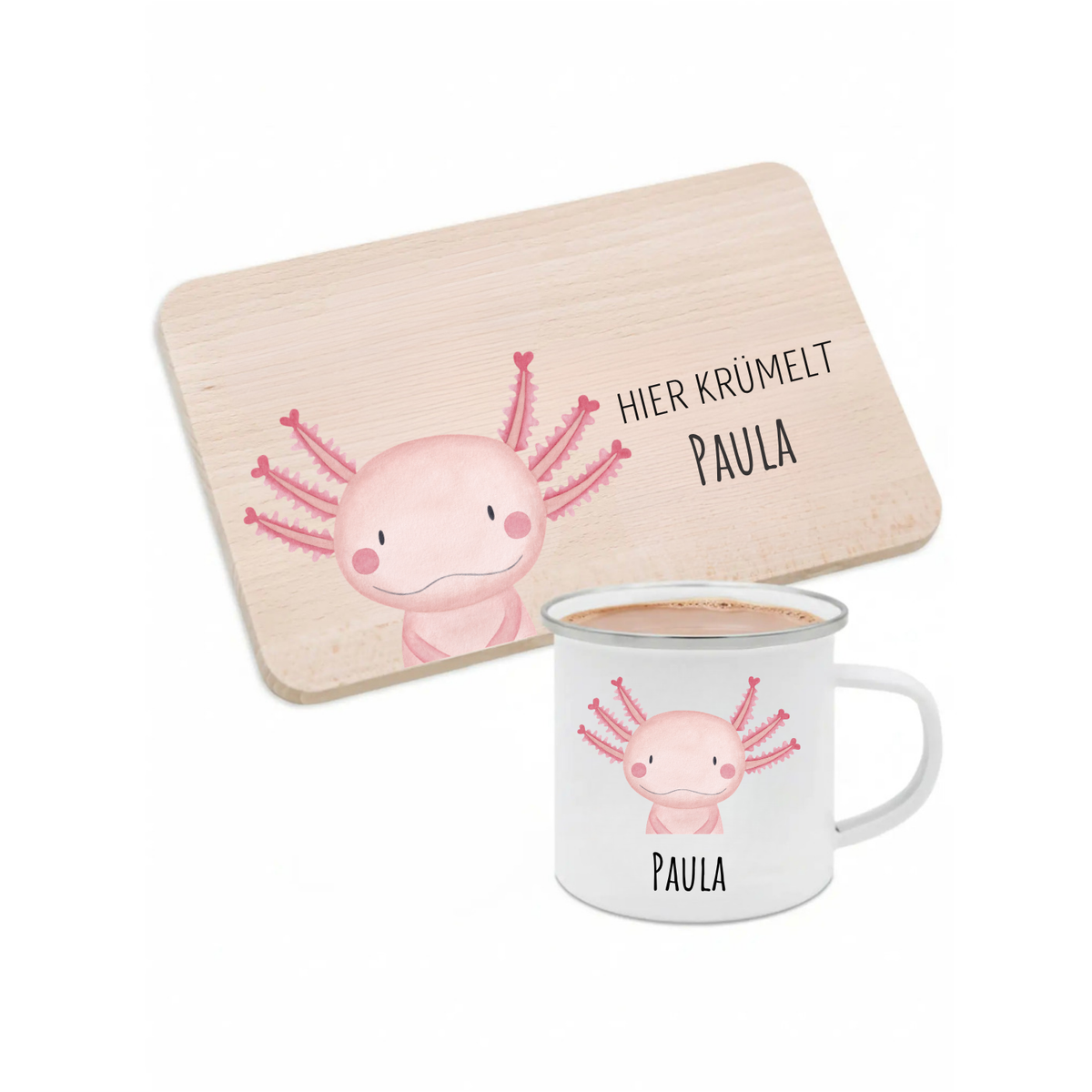 Frühstücks Bundle - Frühstücksbrettchen + Emaille Tasse personalisiert - Tier Aquarell