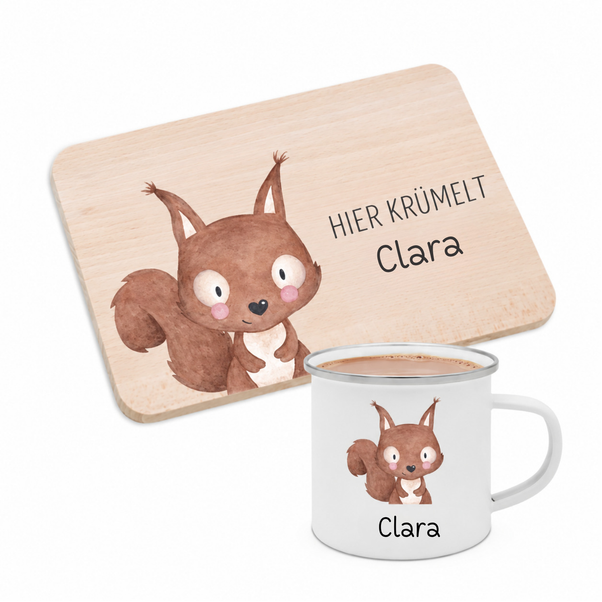 Frühstücks Bundle - Frühstücksbrettchen + Emaille Tasse personalisiert - Tier Aquarell