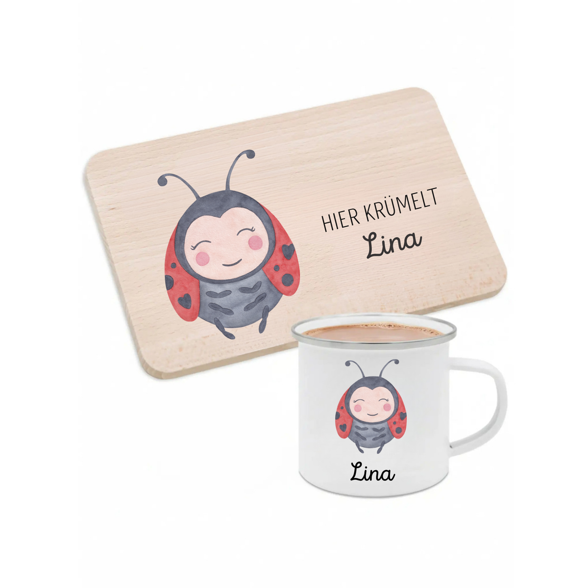 Frühstücks Bundle - Frühstücksbrettchen + Emaille Tasse personalisiert - Tier Aquarell