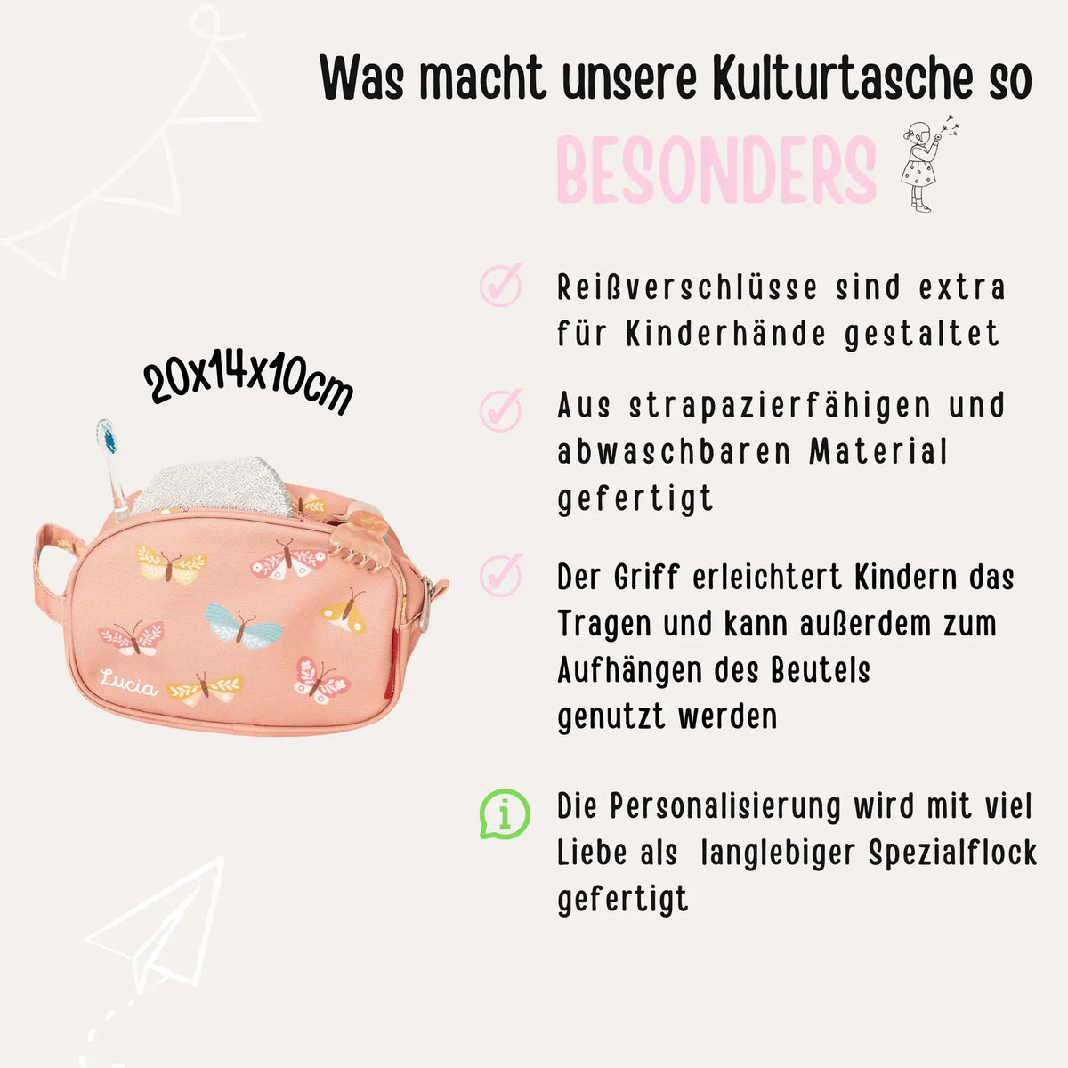 A Little Lovely Company Kulturbeutel Kinder personalisiert - Fuchs, Schmetterling oder Dino - wunderwunsch