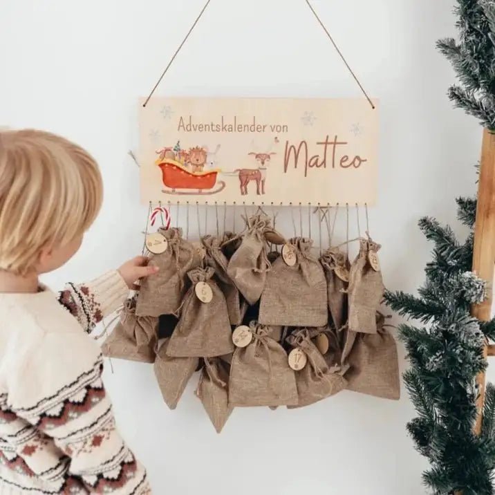 Adventskalender personalisiert - Schlitten Tiere Aquarell - wunderwunsch