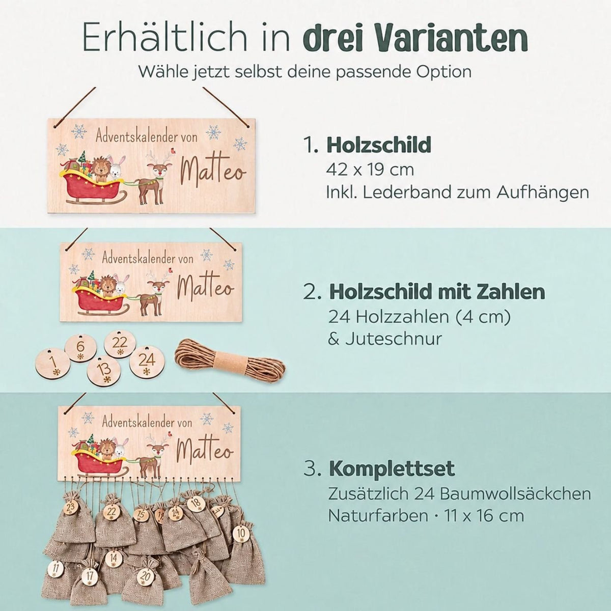 Adventskalender personalisiert - Schlitten Tiere Aquarell - wunderwunsch