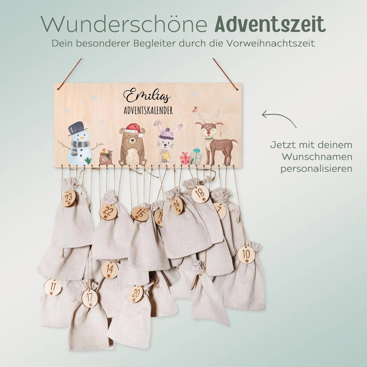 Adventskalender personalisiert - "Schneemann Tiere" Aquarell - wunderwunsch