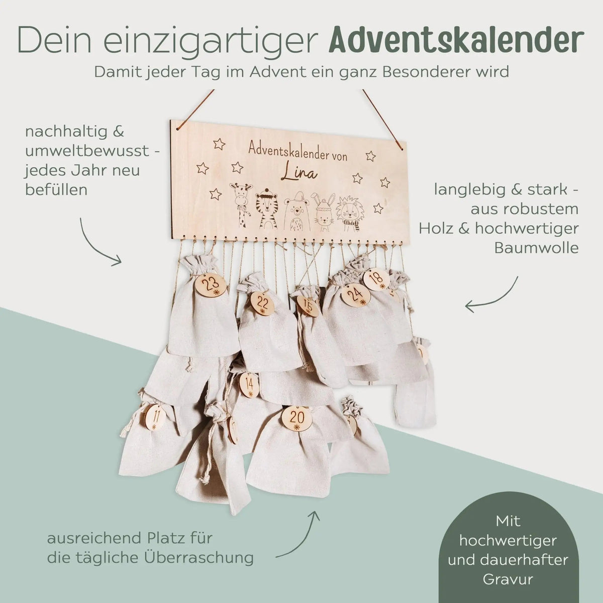 Adventskalender personalisiert - "Weihnachtstiere Sterne" Gravur - wunderwunsch