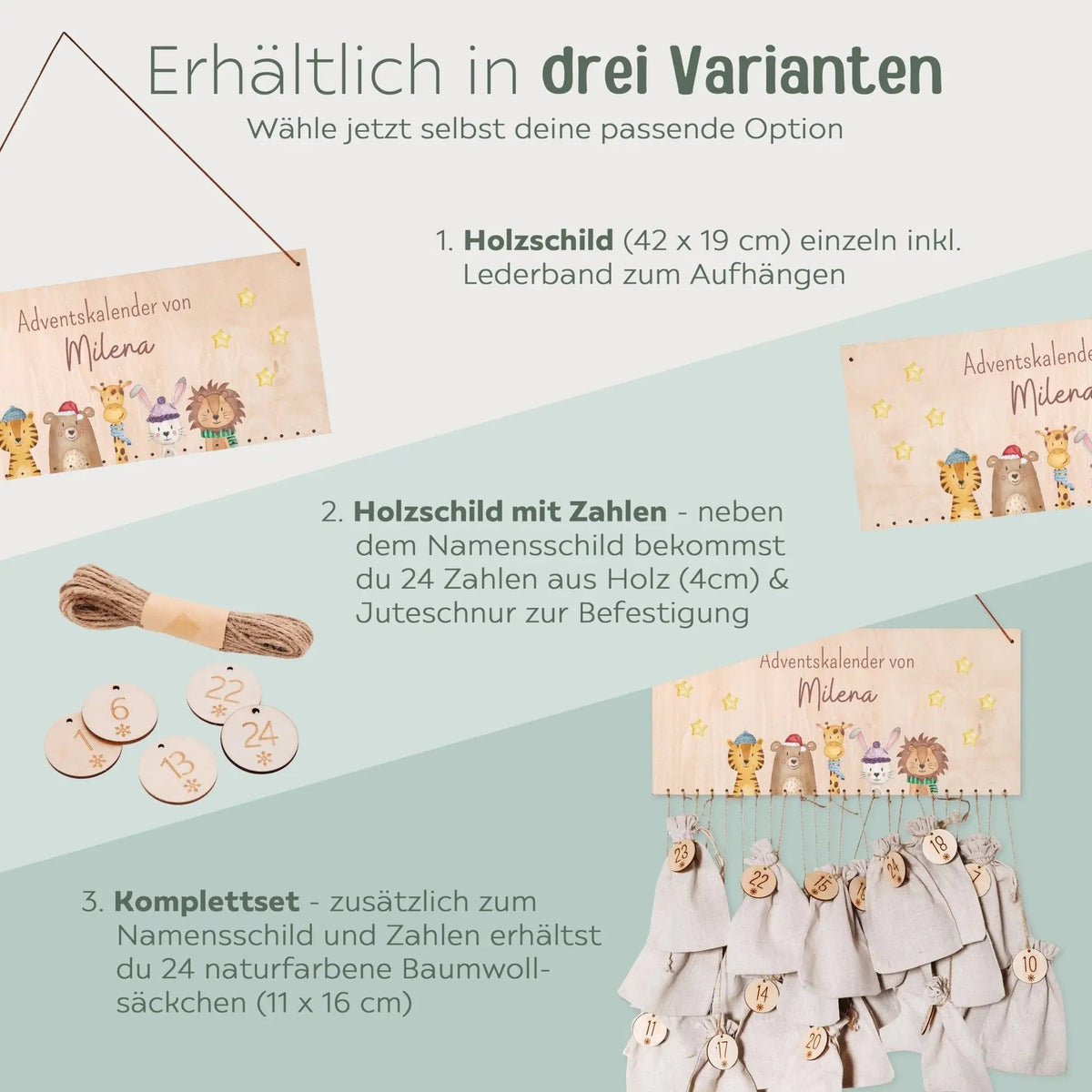Adventskalender personalisiert - "Weihnachtstiere unten Sterne" Aquarell - wunderwunsch