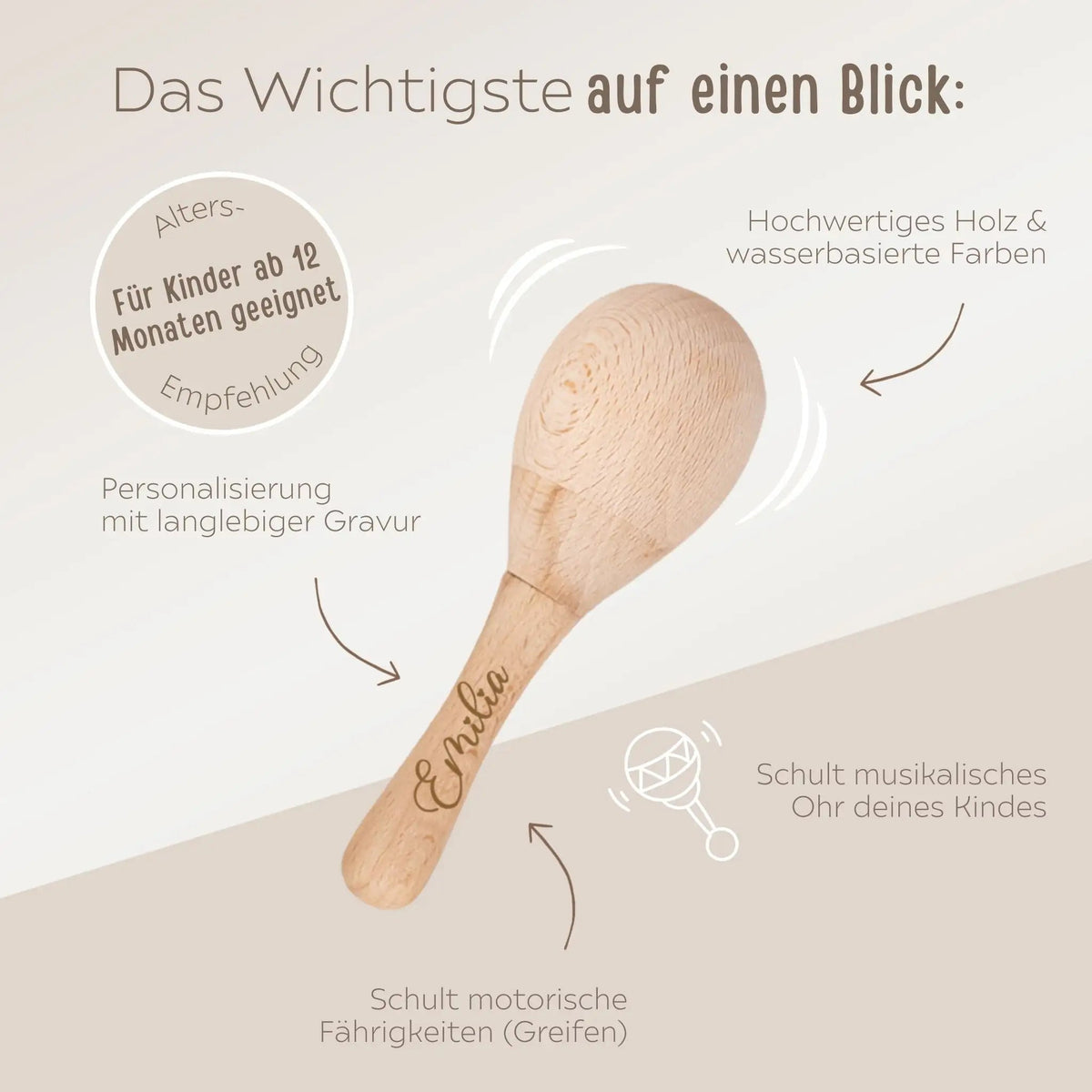 Baby Maracas Stabrassel aus Holz personalisierbar - wunderwunsch