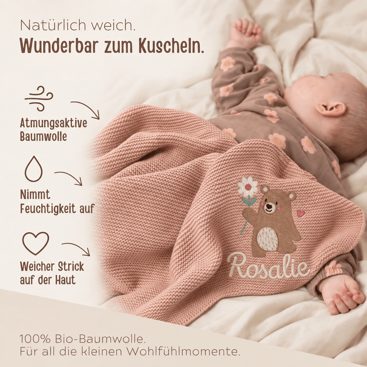 Babydecke personalisiert aus 100 % Bio-Baumwolle - Bär mit Blume - wunderwunsch