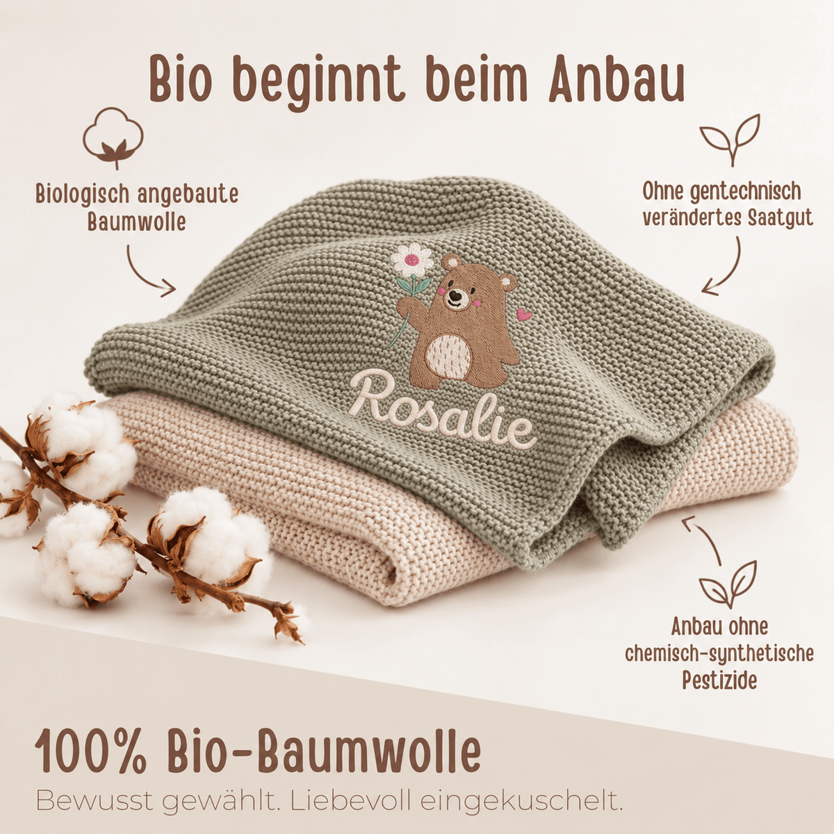 Babydecke personalisiert aus 100 % Bio-Baumwolle - Bär mit Blume - wunderwunsch