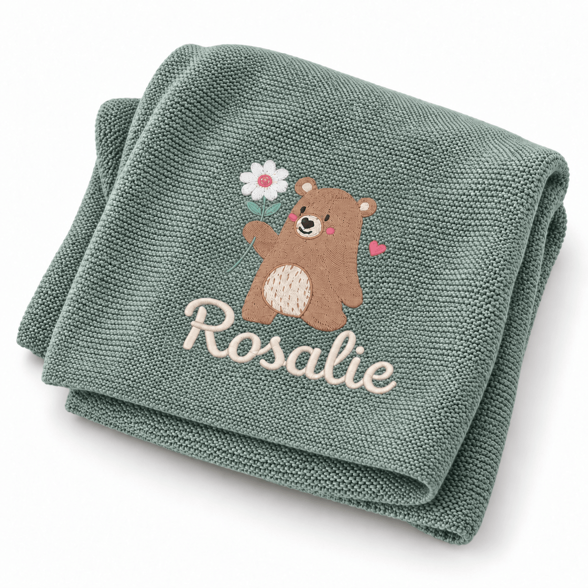 Babydecke personalisiert aus 100 % Bio-Baumwolle - Bär mit Blume - wunderwunsch