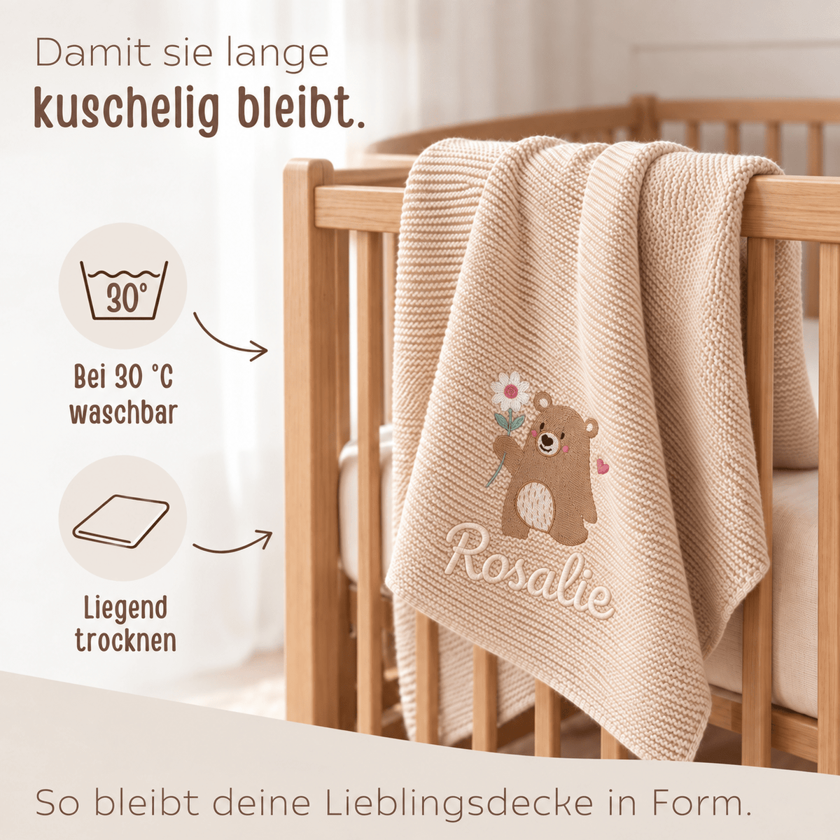 Babydecke personalisiert aus 100 % Bio-Baumwolle - Bär mit Blume - wunderwunsch