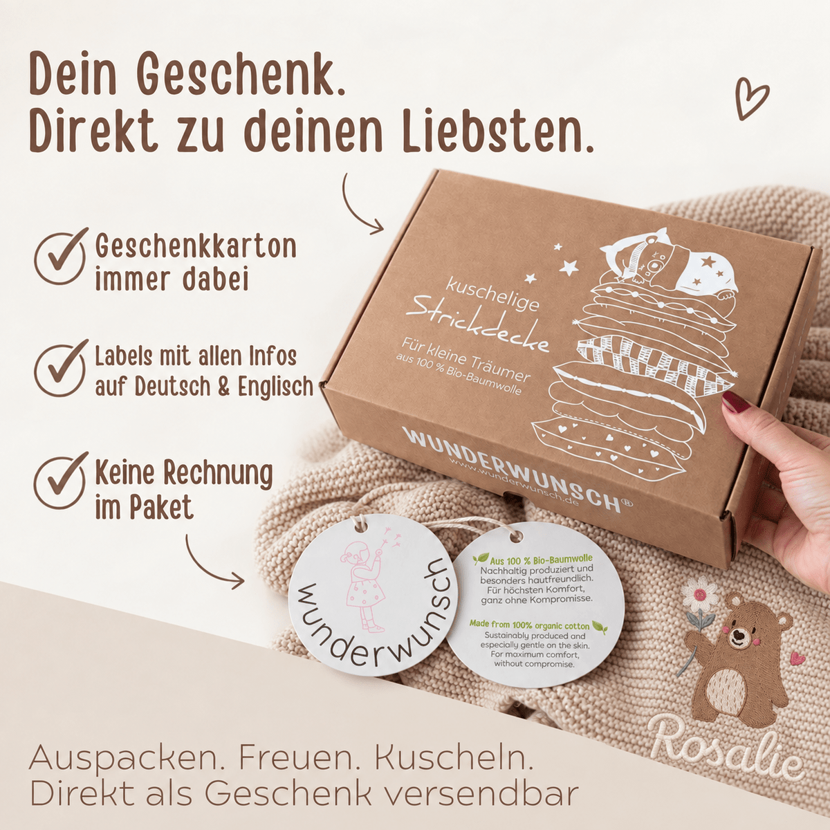 Babydecke personalisiert aus 100 % Bio-Baumwolle - Bär mit Blume - wunderwunsch