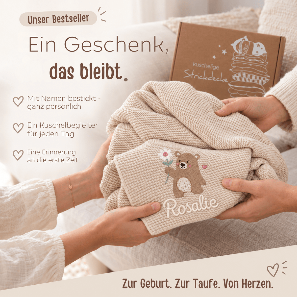 Babydecke personalisiert aus 100 % Bio-Baumwolle - Bär mit Blume - wunderwunsch