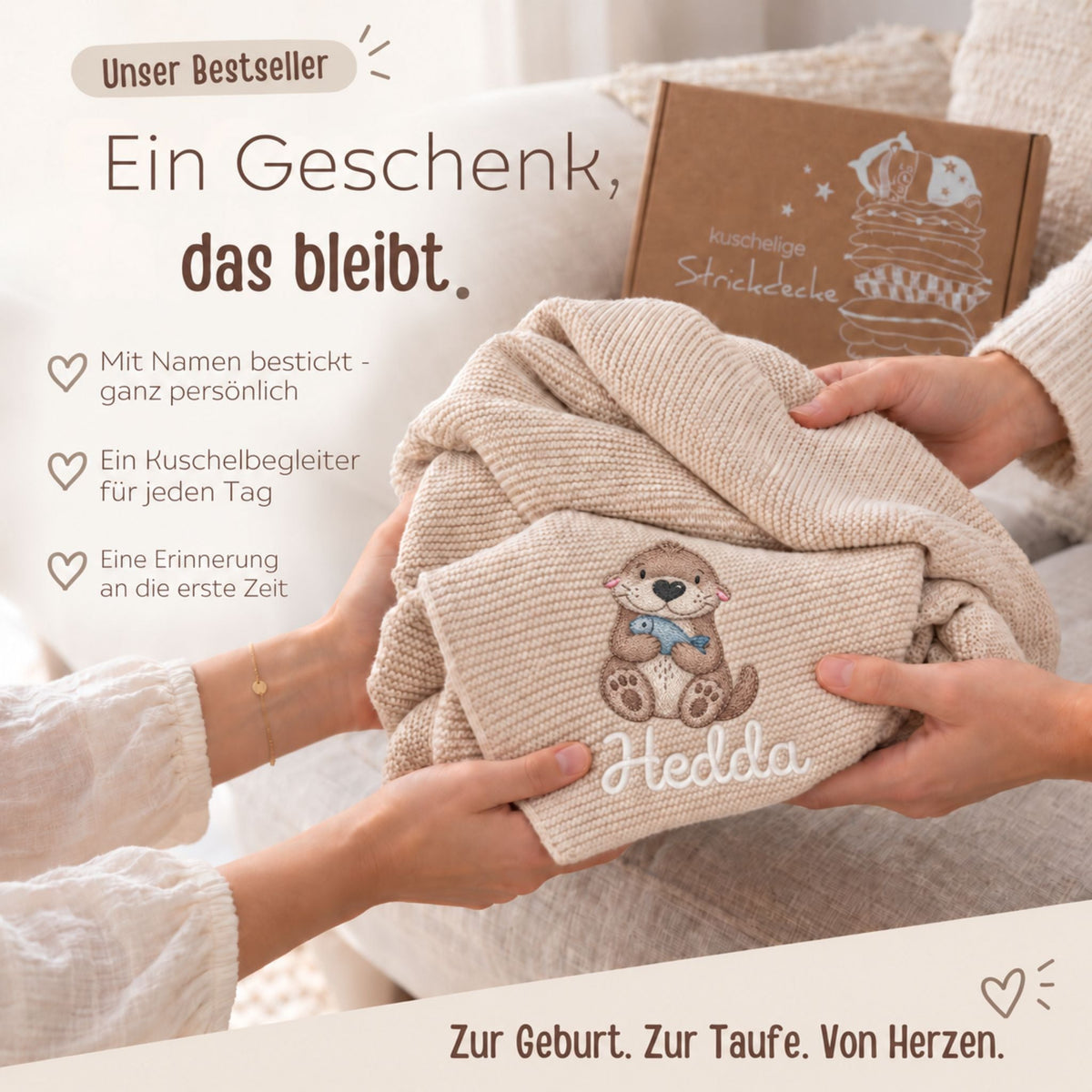 Babydecke personalisiert aus 100 % Bio-Baumwolle - Otter mit Fisch - wunderwunsch