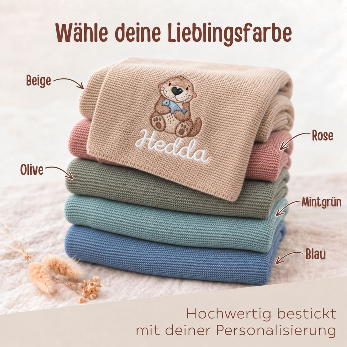 Babydecke personalisiert aus 100 % Bio-Baumwolle - Otter mit Fisch - wunderwunsch