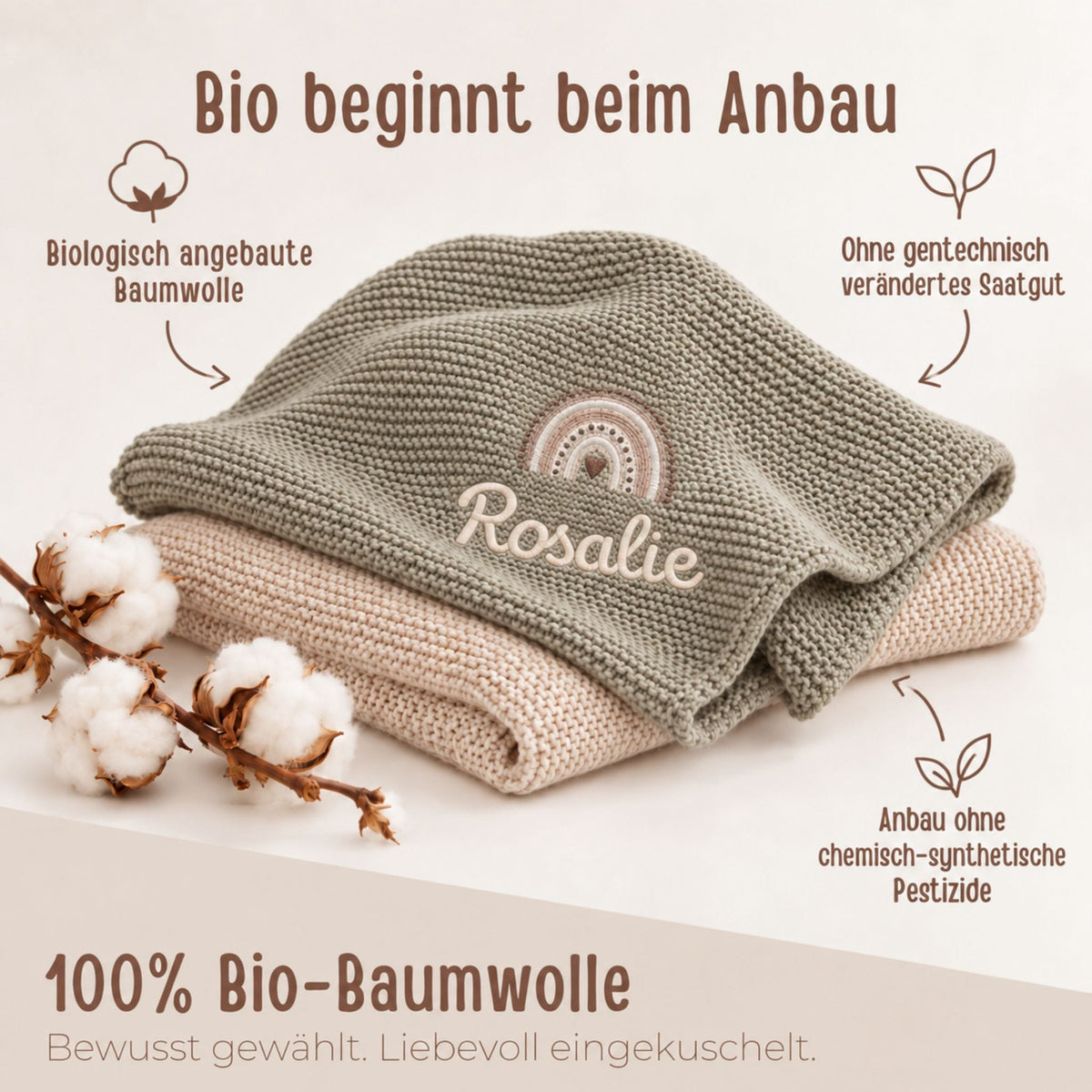 Babydecke personalisiert aus 100 % Bio-Baumwolle - Regenbogen - wunderwunsch