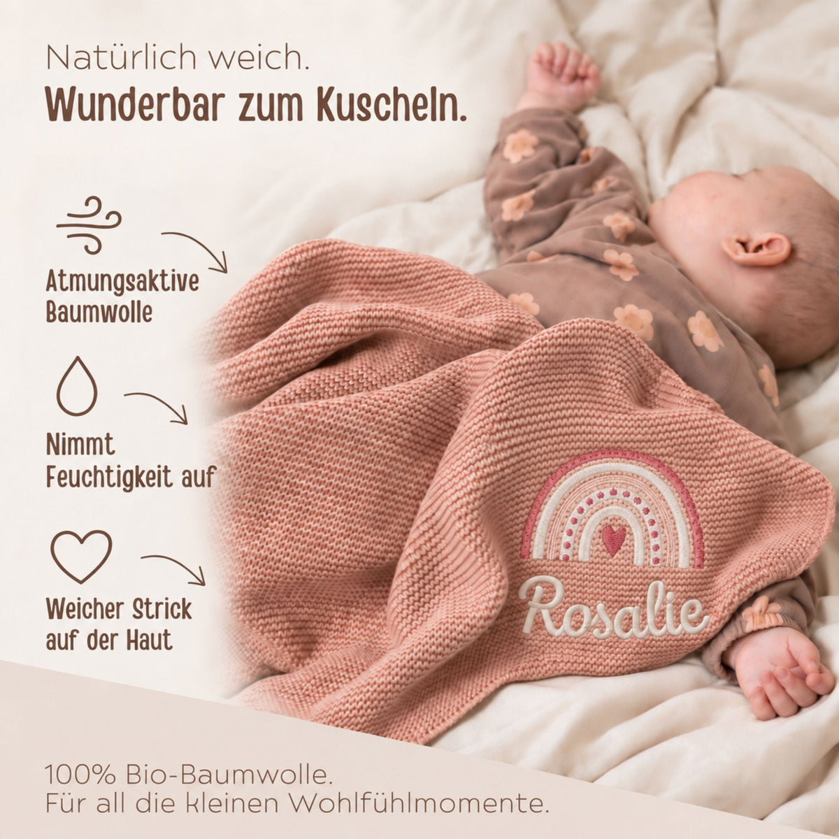 Babydecke personalisiert aus 100 % Bio-Baumwolle - Regenbogen - wunderwunsch