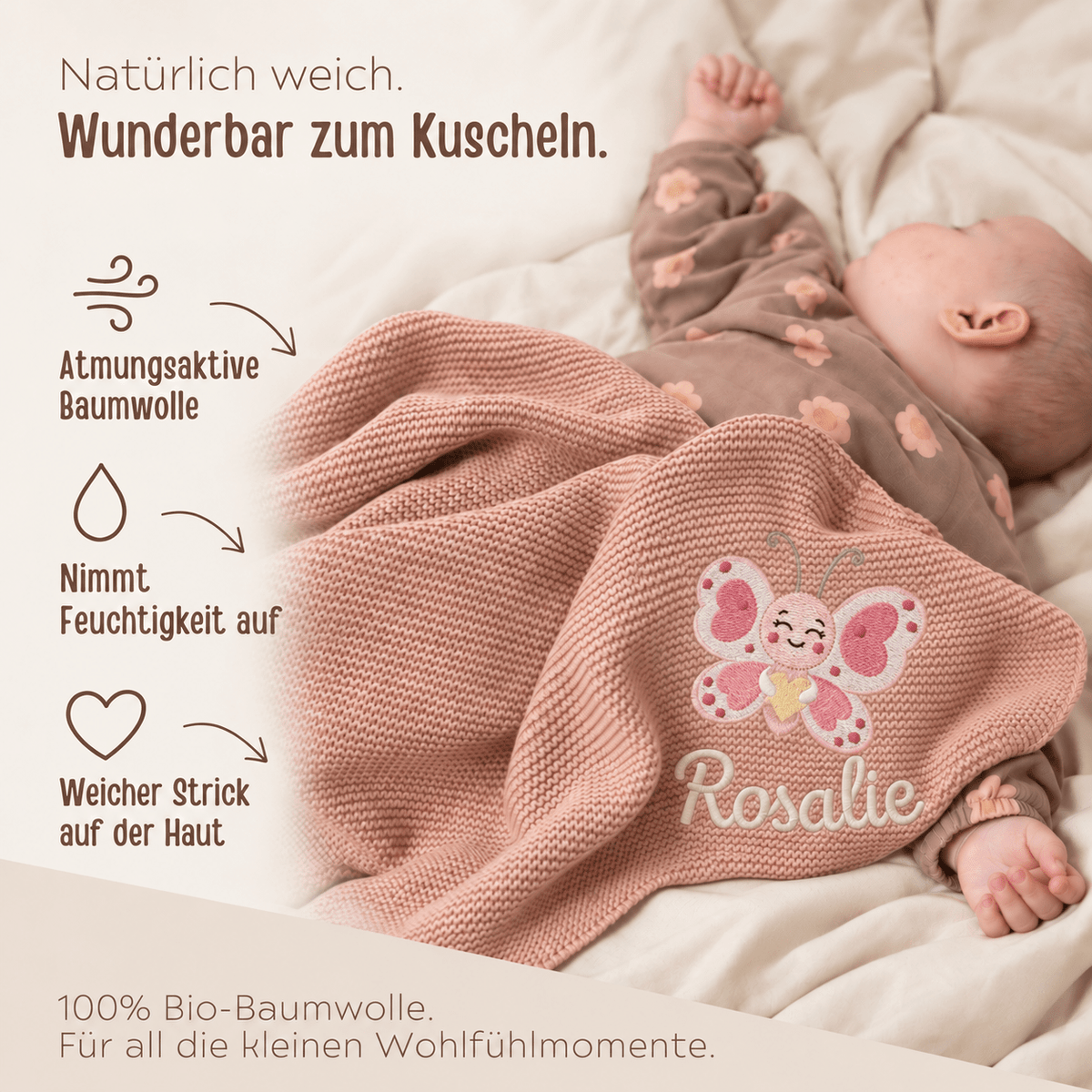 Babydecke personalisiert aus 100 % Bio-Baumwolle - Schmetterling mit Herz - wunderwunsch