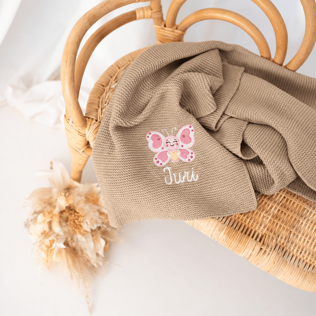 Babydecke personalisiert aus 100 % Bio-Baumwolle - Schmetterling mit Herz - wunderwunsch