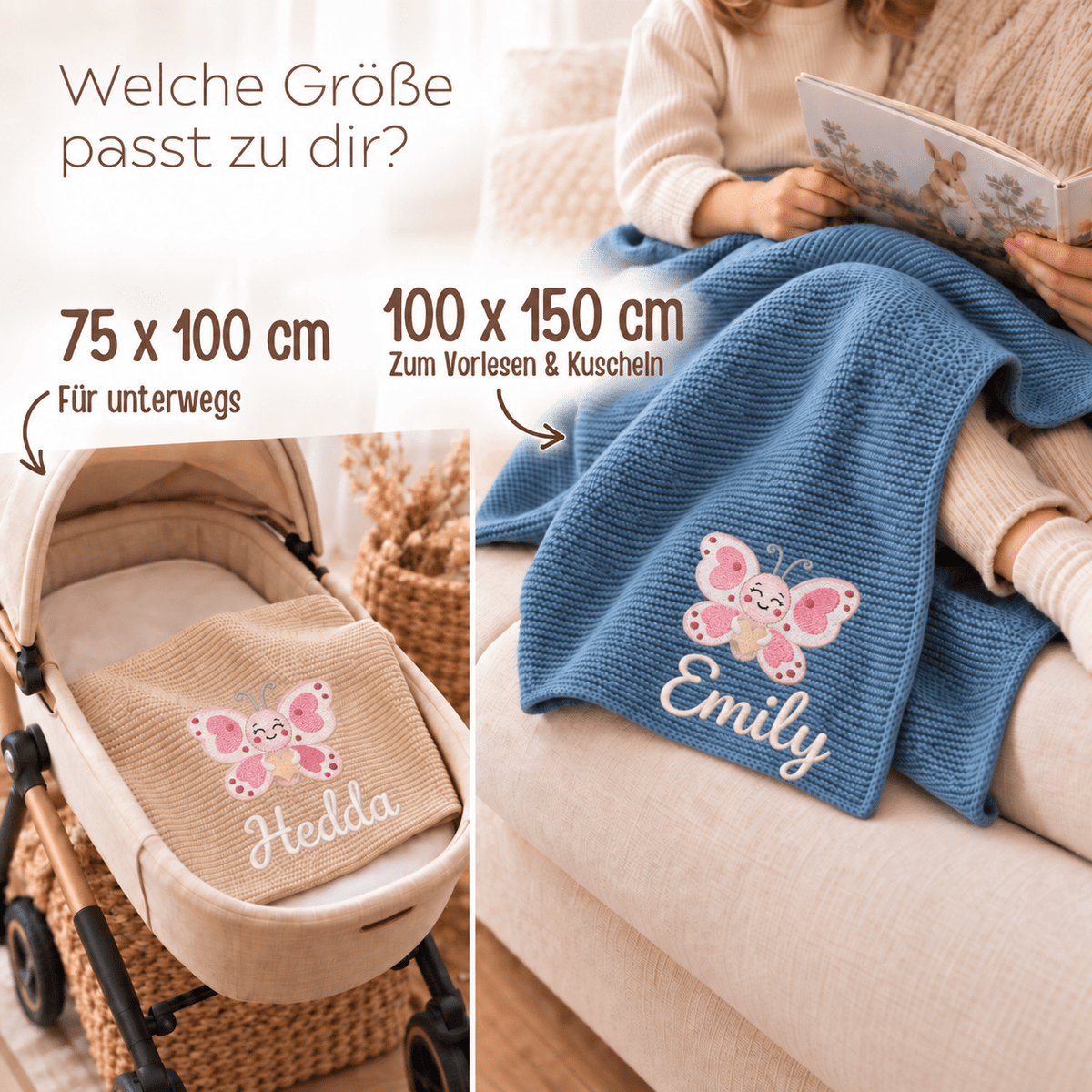 Babydecke personalisiert aus 100 % Bio-Baumwolle - Schmetterling mit Herz - wunderwunsch