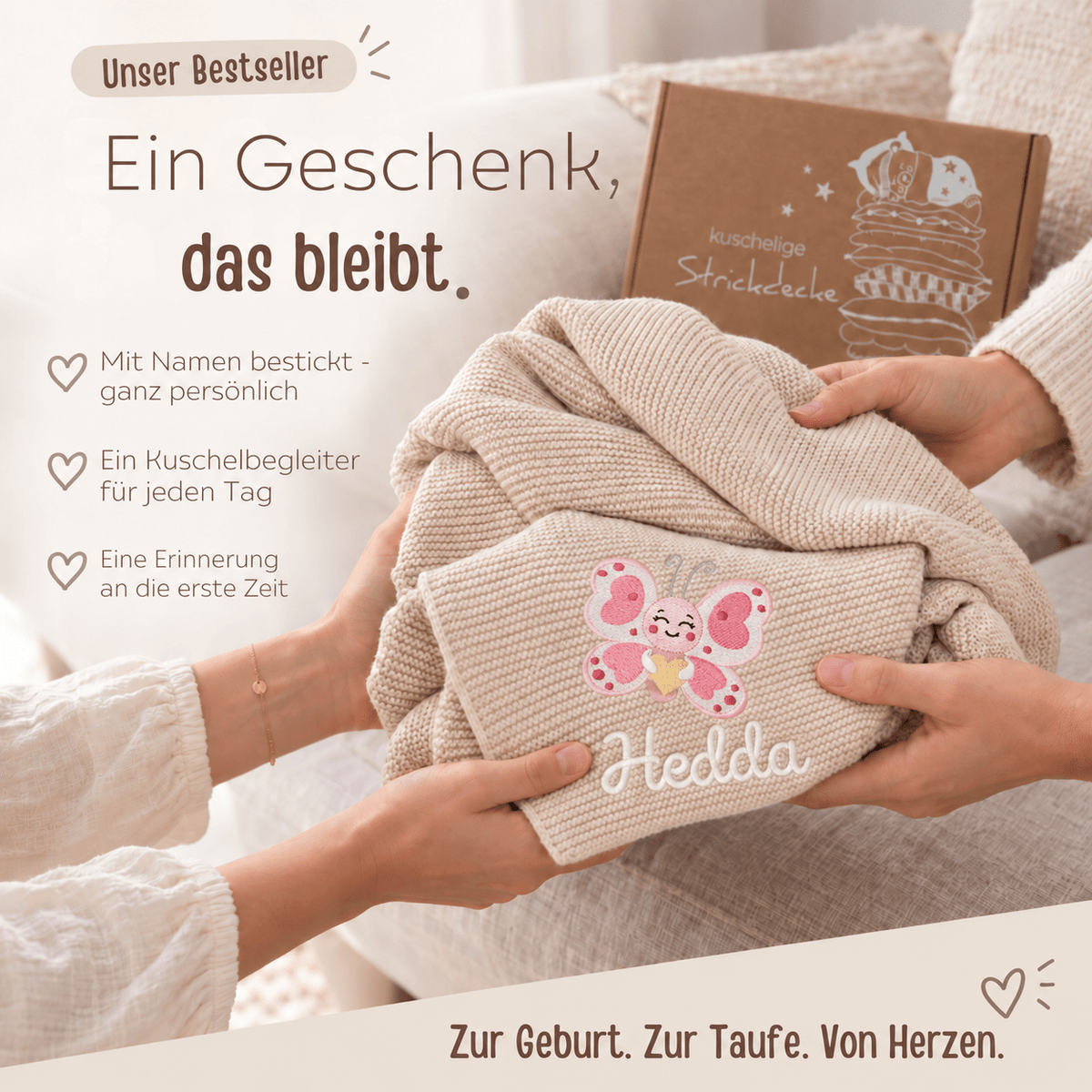 Babydecke personalisiert aus 100 % Bio-Baumwolle - Schmetterling mit Herz - wunderwunsch