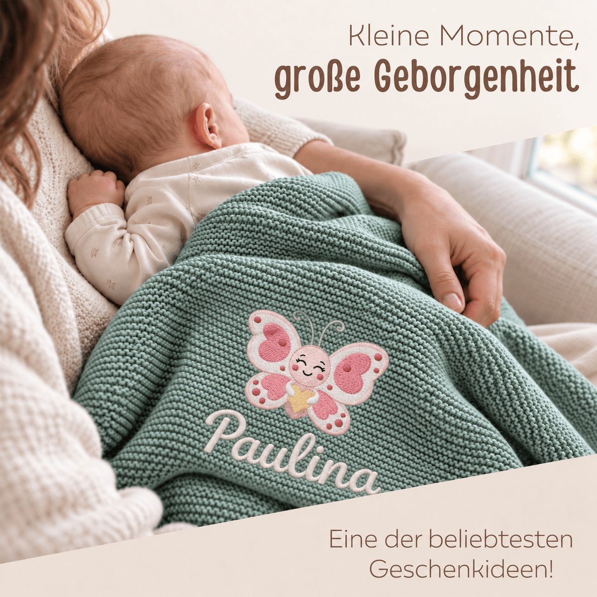 Babydecke personalisiert aus 100 % Bio-Baumwolle - Schmetterling mit Herz - wunderwunsch