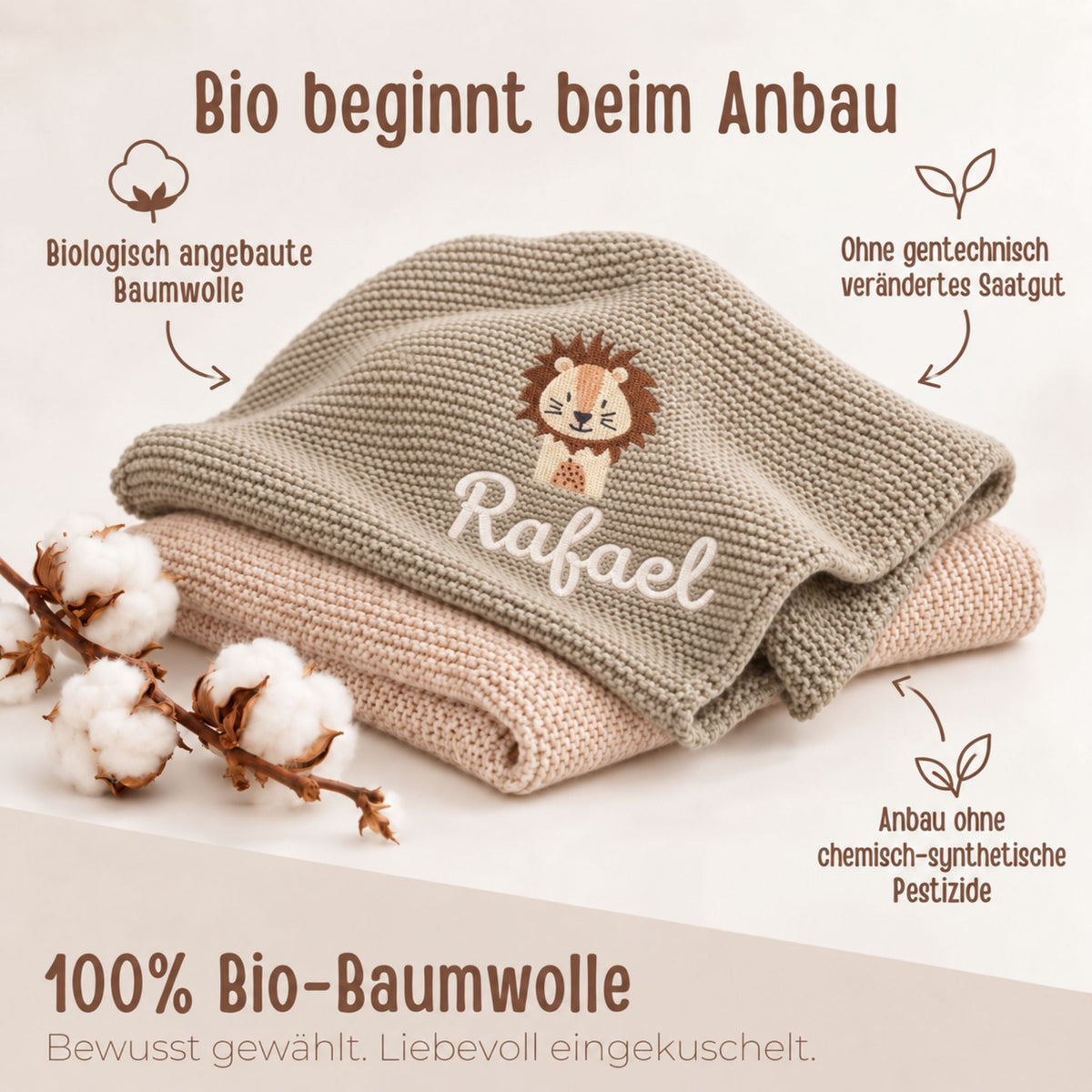 Babydecke personalisiert aus 100 % Bio-Baumwolle - Tiermotiv - wunderwunsch