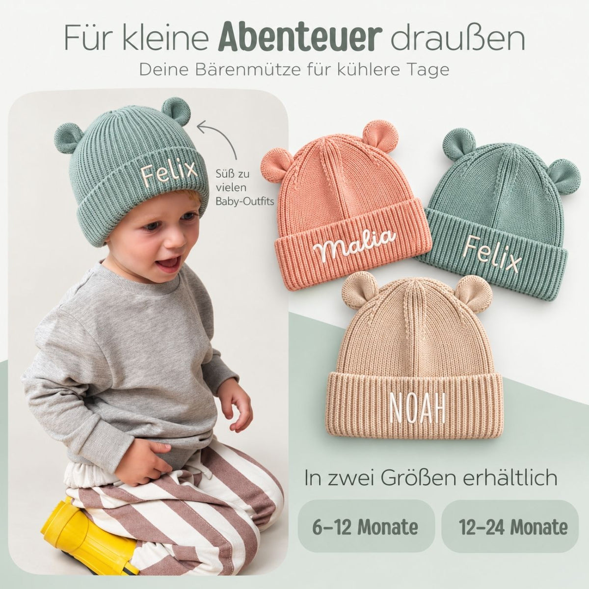Baby Strickmütze mit Ohren personalisiert - wunderwunsch
