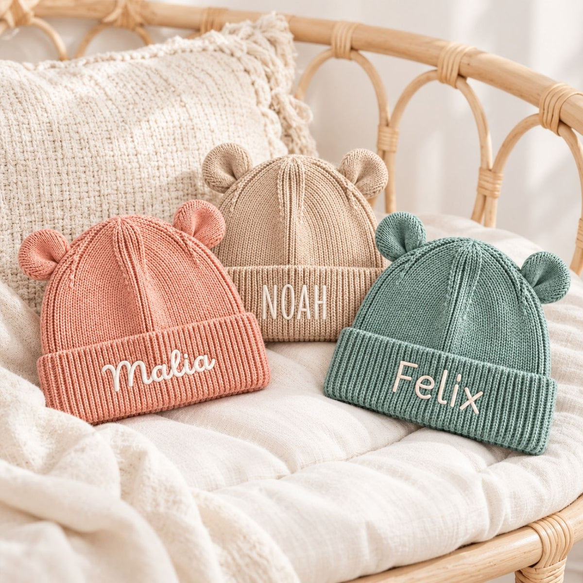 Baby Strickmütze mit Ohren personalisiert - wunderwunsch