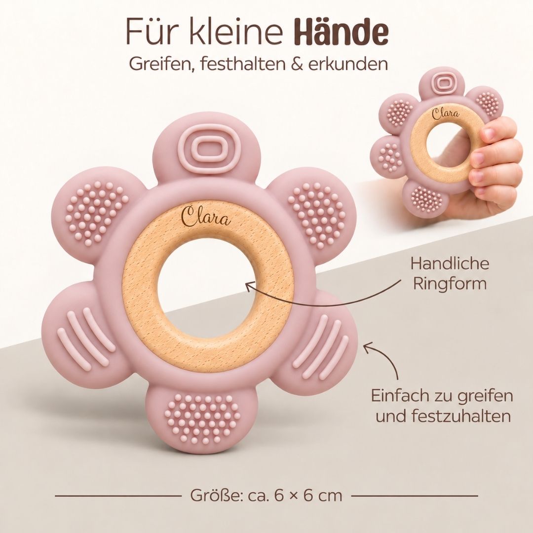 Beißring aus Holz & Silikon personalisiert - Blume - wunderwunsch