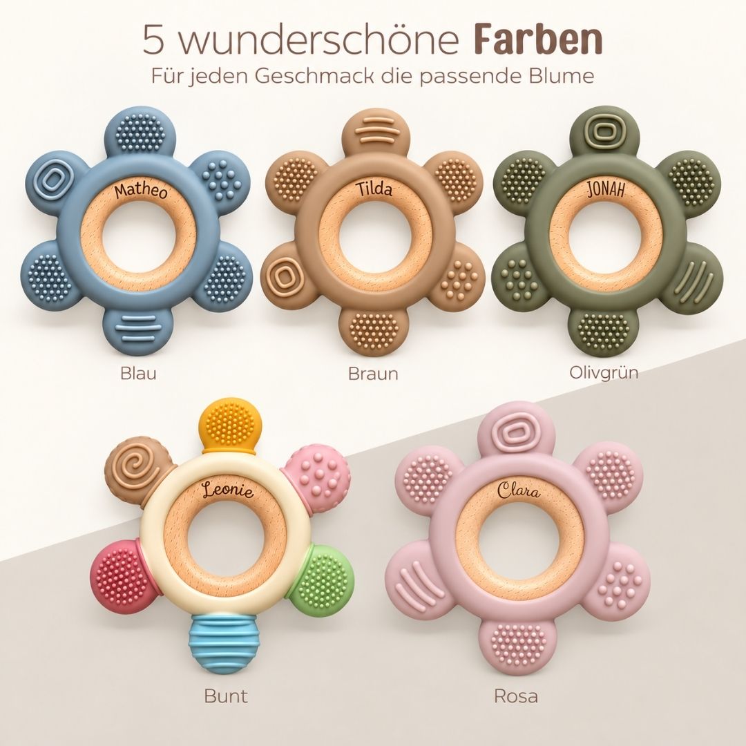 Beißring aus Holz & Silikon personalisiert - Blume - wunderwunsch