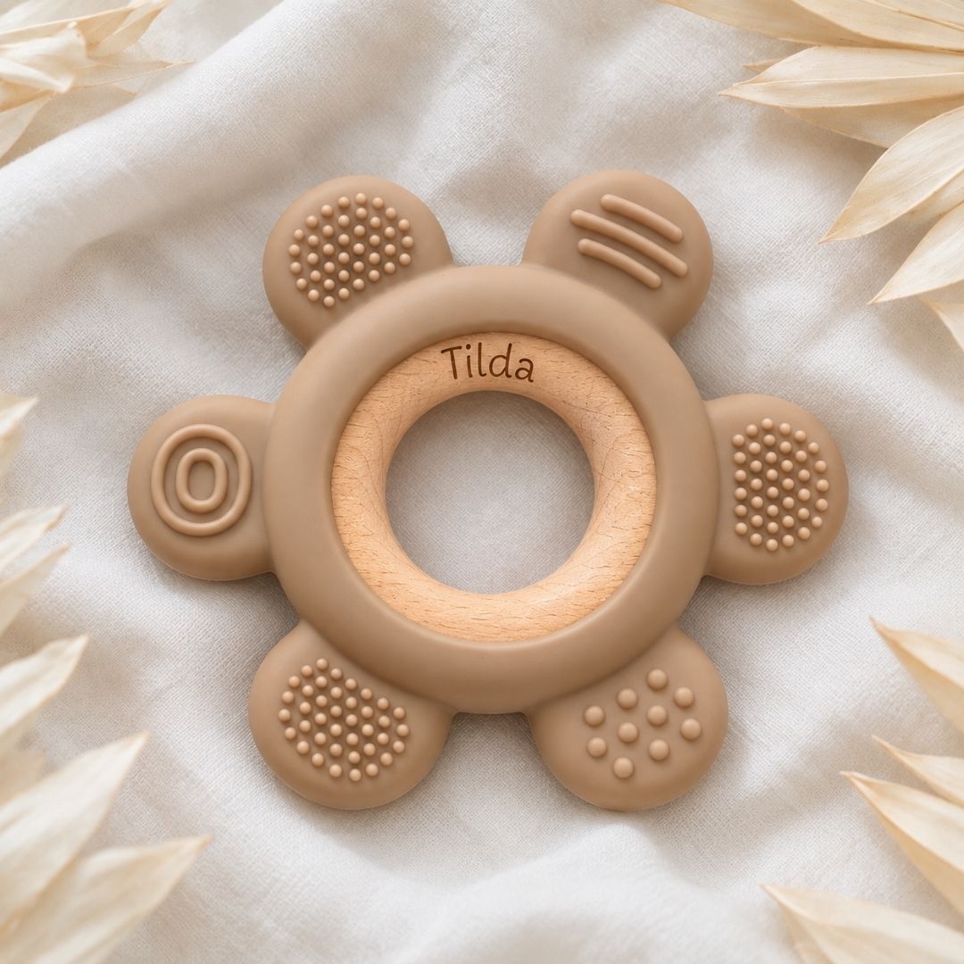 Beißring aus Holz & Silikon personalisiert - Blume - wunderwunsch