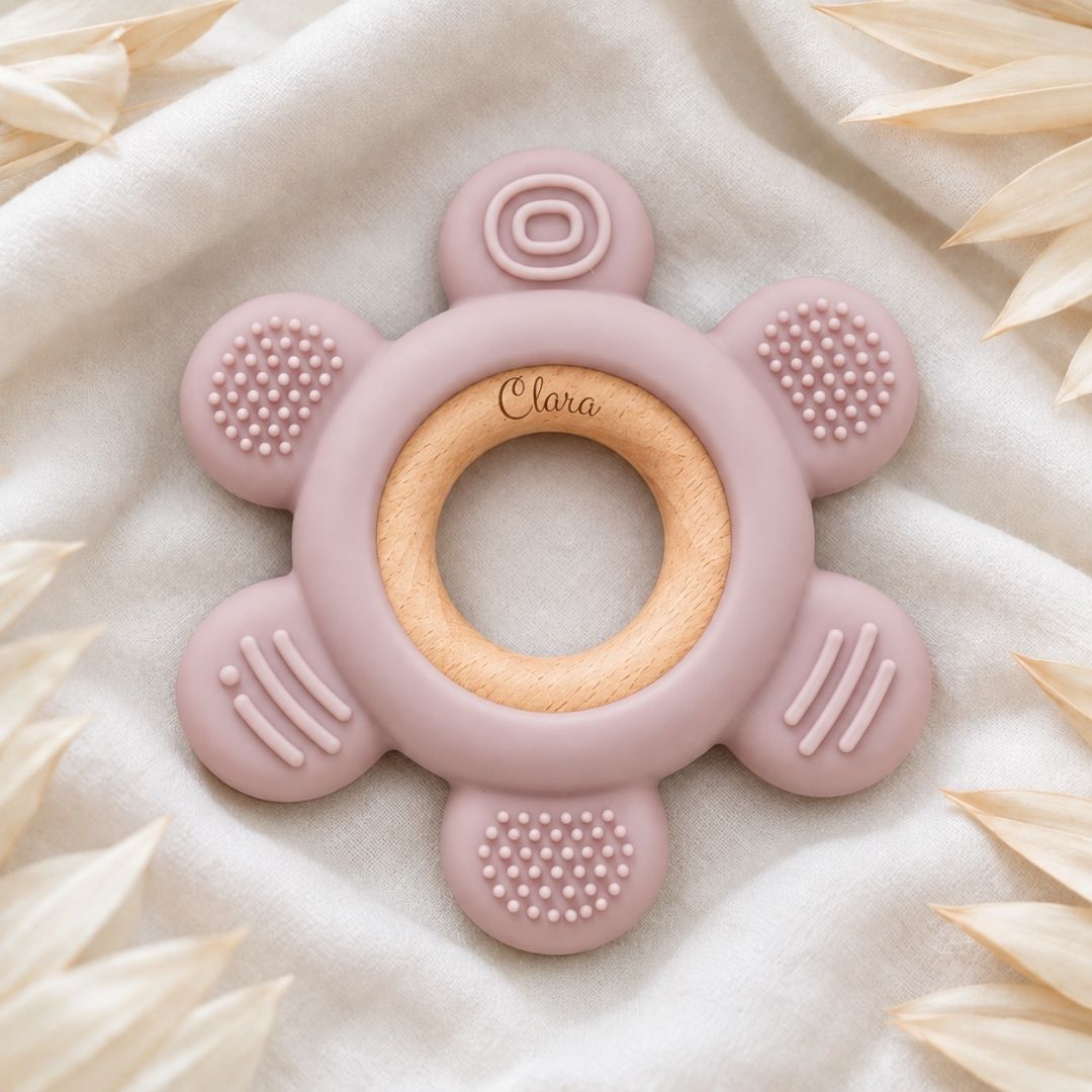 Beißring aus Holz & Silikon personalisiert - Blume - wunderwunsch