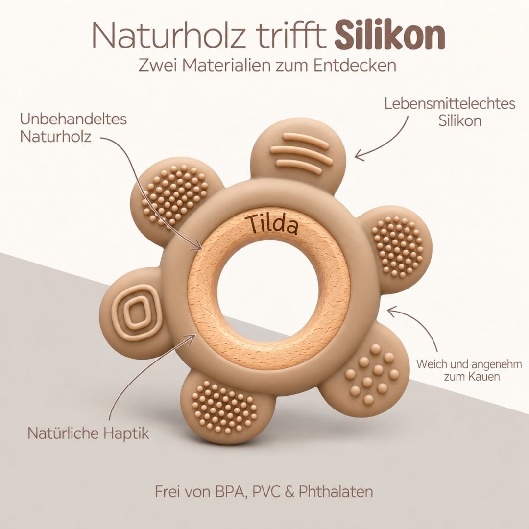 Beißring aus Holz & Silikon personalisiert - Blume - wunderwunsch