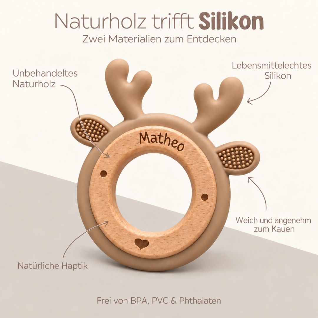 Beißring aus Holz & Silikon personalisiert - Tier - wunderwunsch