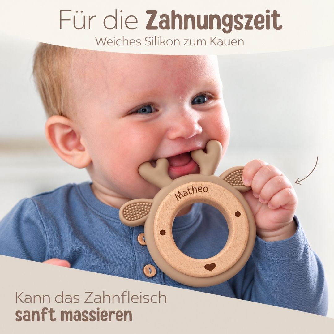 Beißring aus Holz & Silikon personalisiert - Tier - wunderwunsch