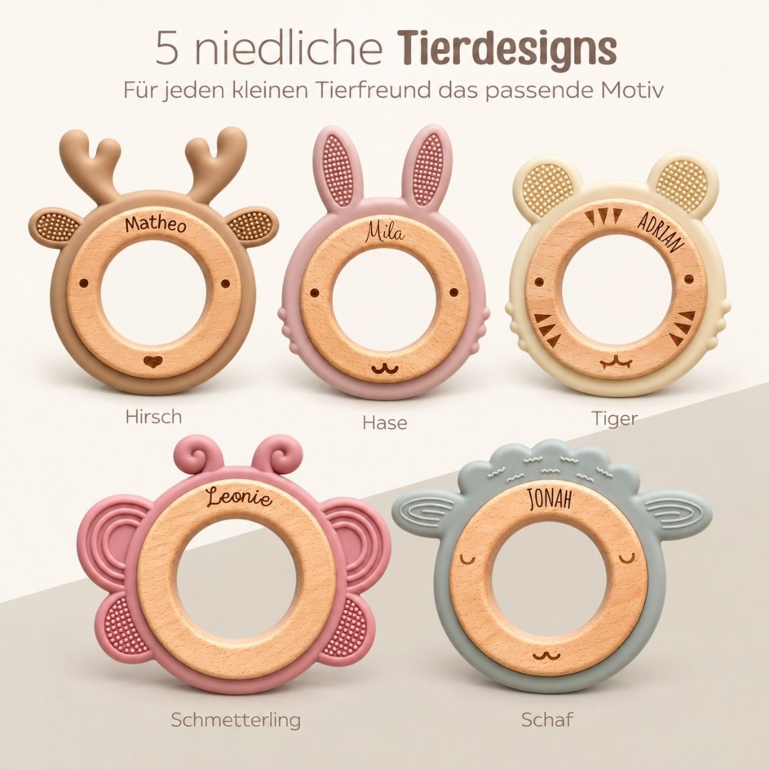 Beißring aus Holz & Silikon personalisiert - Tier - wunderwunsch