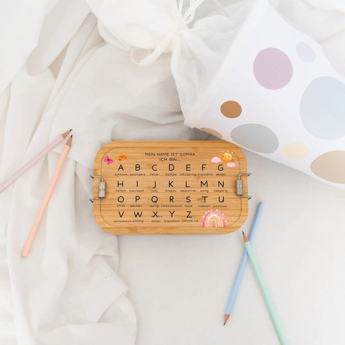Brotdose Edelstahl personalisiert - ABC Affirmationen Aquarell - wunderwunsch