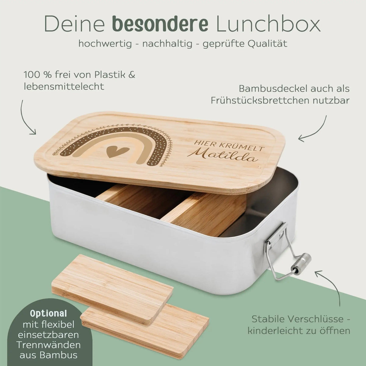 Brotdose Edelstahl personalisiert - Regenbogen Boho beige Aquarell - wunderwunsch
