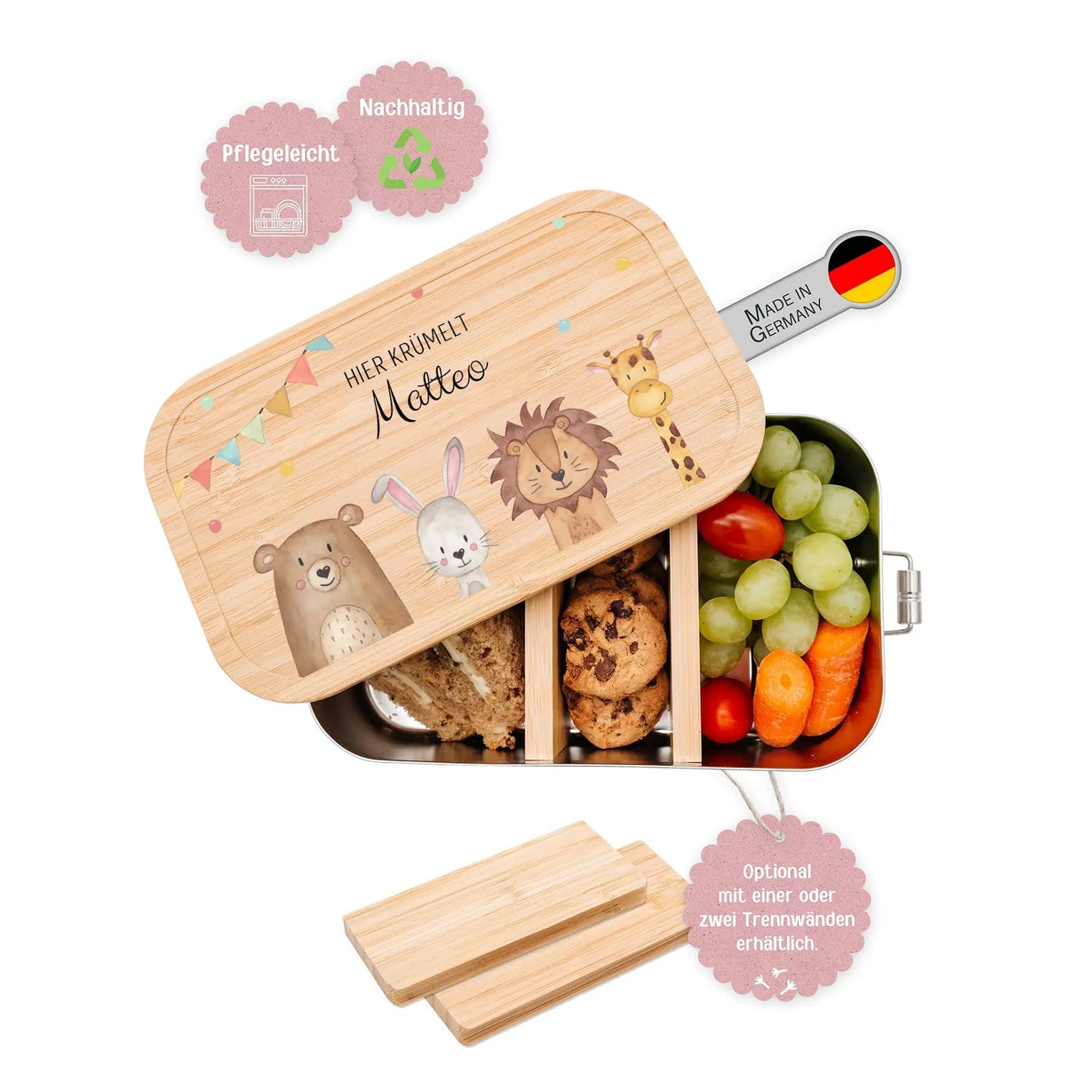 Brotdose Edelstahl personalisiert - Tiere unten Girlande Aquarell - wunderwunsch