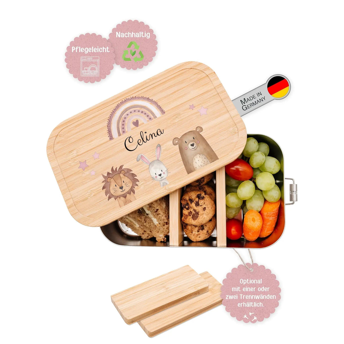 Brotdose Edelstahl personalisiert - Tiere unten Regenbogen Sterne Aquarell - wunderwunsch