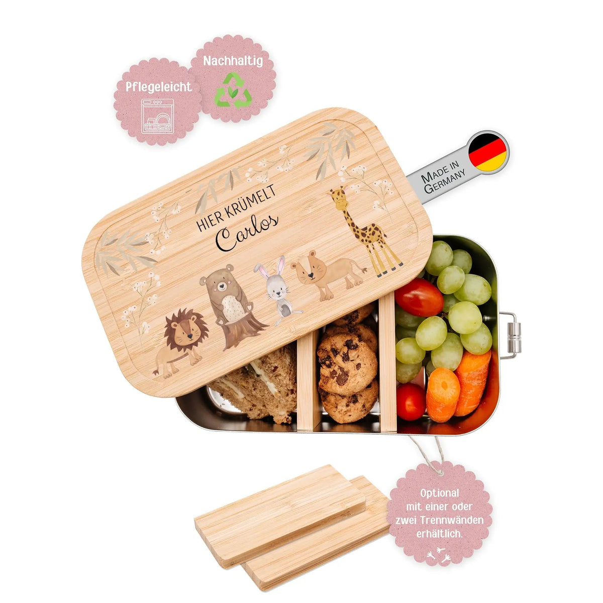 Brotdose Edelstahl personalisiert - Tiere Zweige beige Aquarell - wunderwunsch
